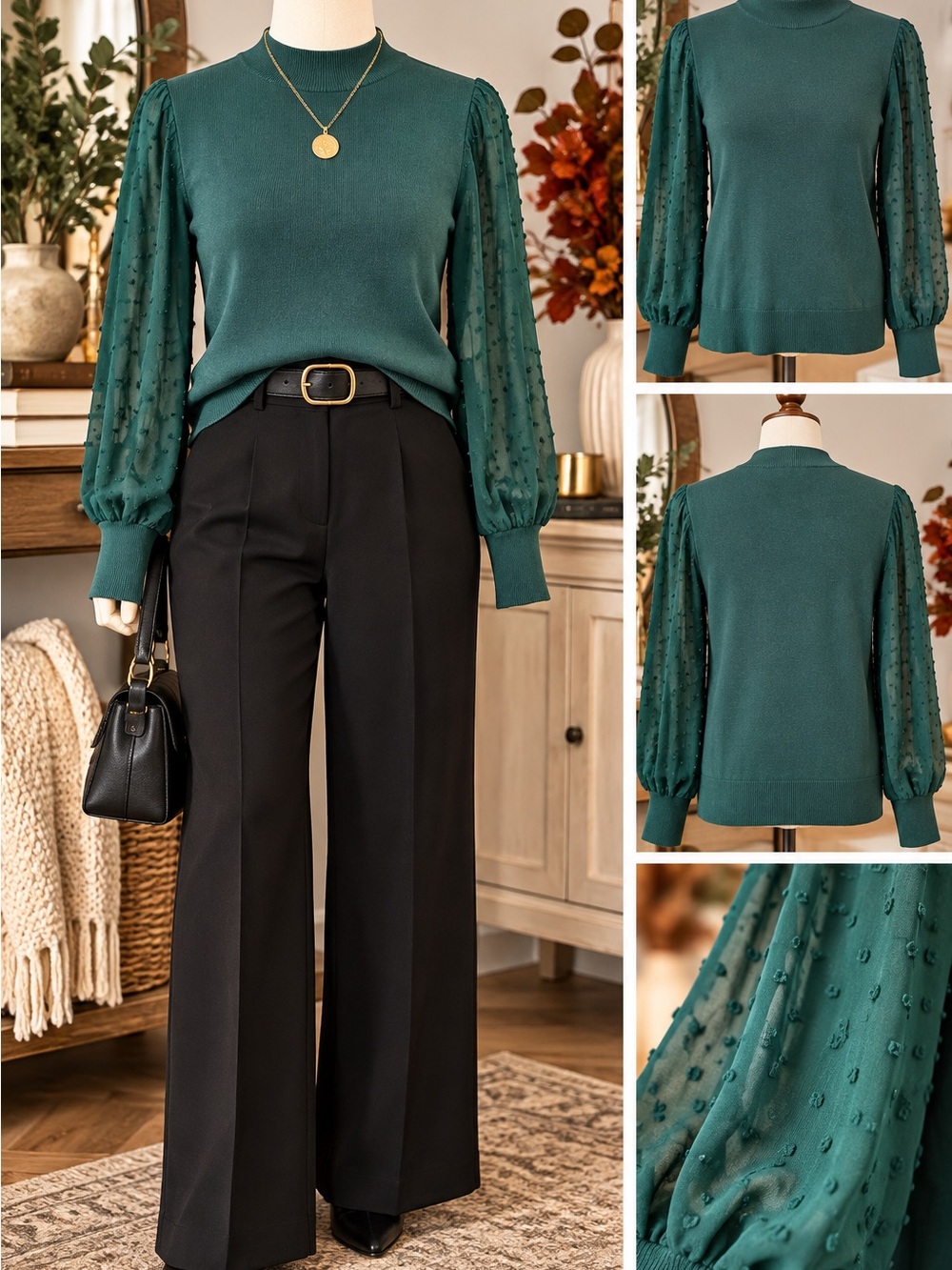 Vince Camuto Emerald Green Swiss Dot Sheer Sleeve Sweater Medium